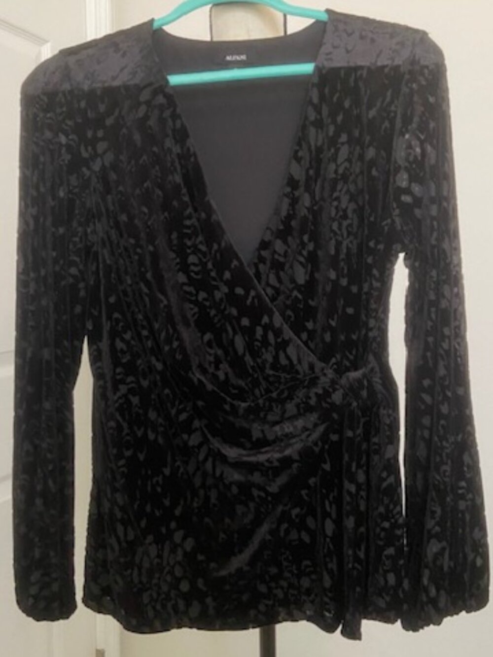 Black crushed velvet crossover long sleeved top - Size M